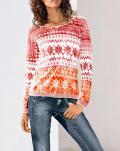 Rundhals-Pullover rot-ecru-orange