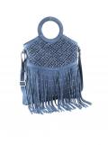 Veloursledertasche mit Fransen jeansblau