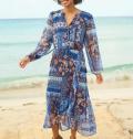 Wickel-Chiffonkleid mit Volants marine-ocker